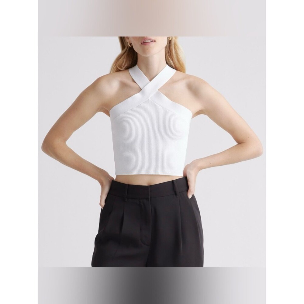 Quince White Cropped Halter Ribbed Knit Sleeveless Tank Top Women’s Size Large
